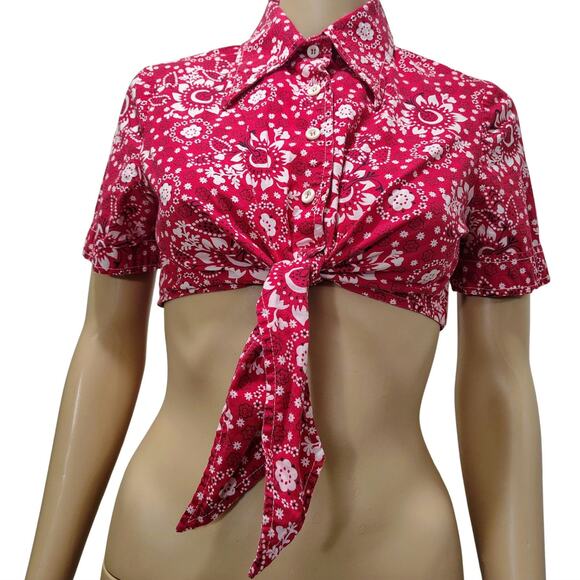 50s Red Cropped Bandana Kerchief Button Up Knot Tie Shirt Top Size 10 Juniors - Picture 1 of 8